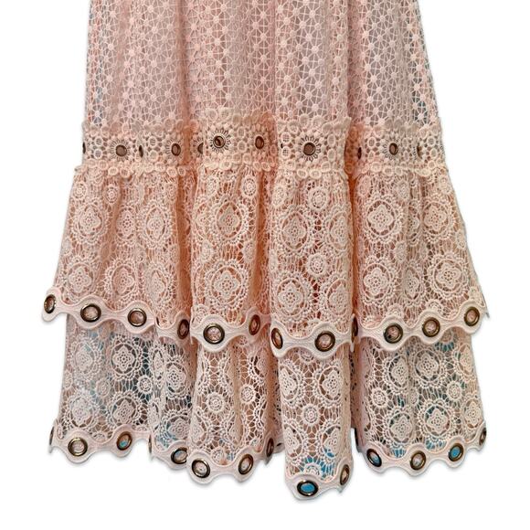 Maje Blush Pink Roso Gold Grommet Lace Tiered Half Sleeve Midi Dress size 1 / S - Picture 9 of 12
